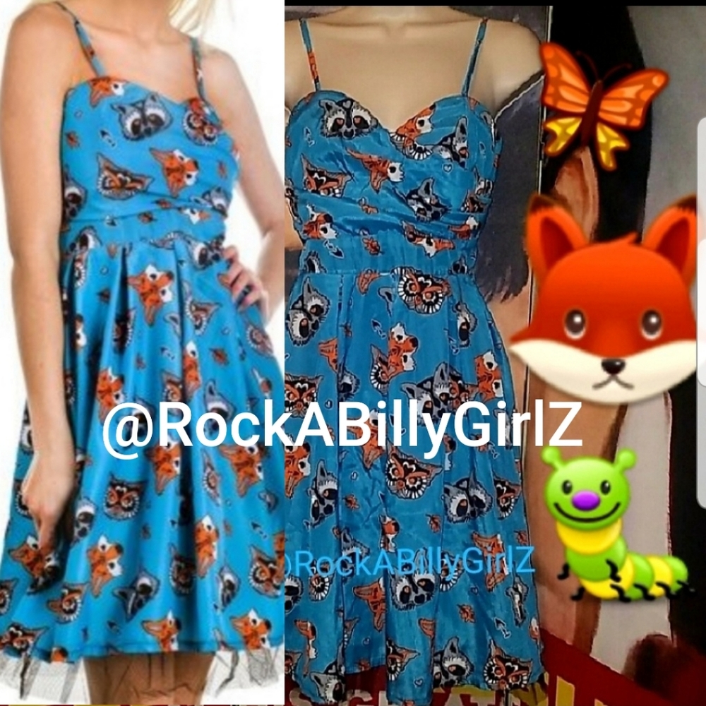 Too Fast Woodland Friends Fit n Flare Blue  Dress w Owl Fox Raccoon Faces
